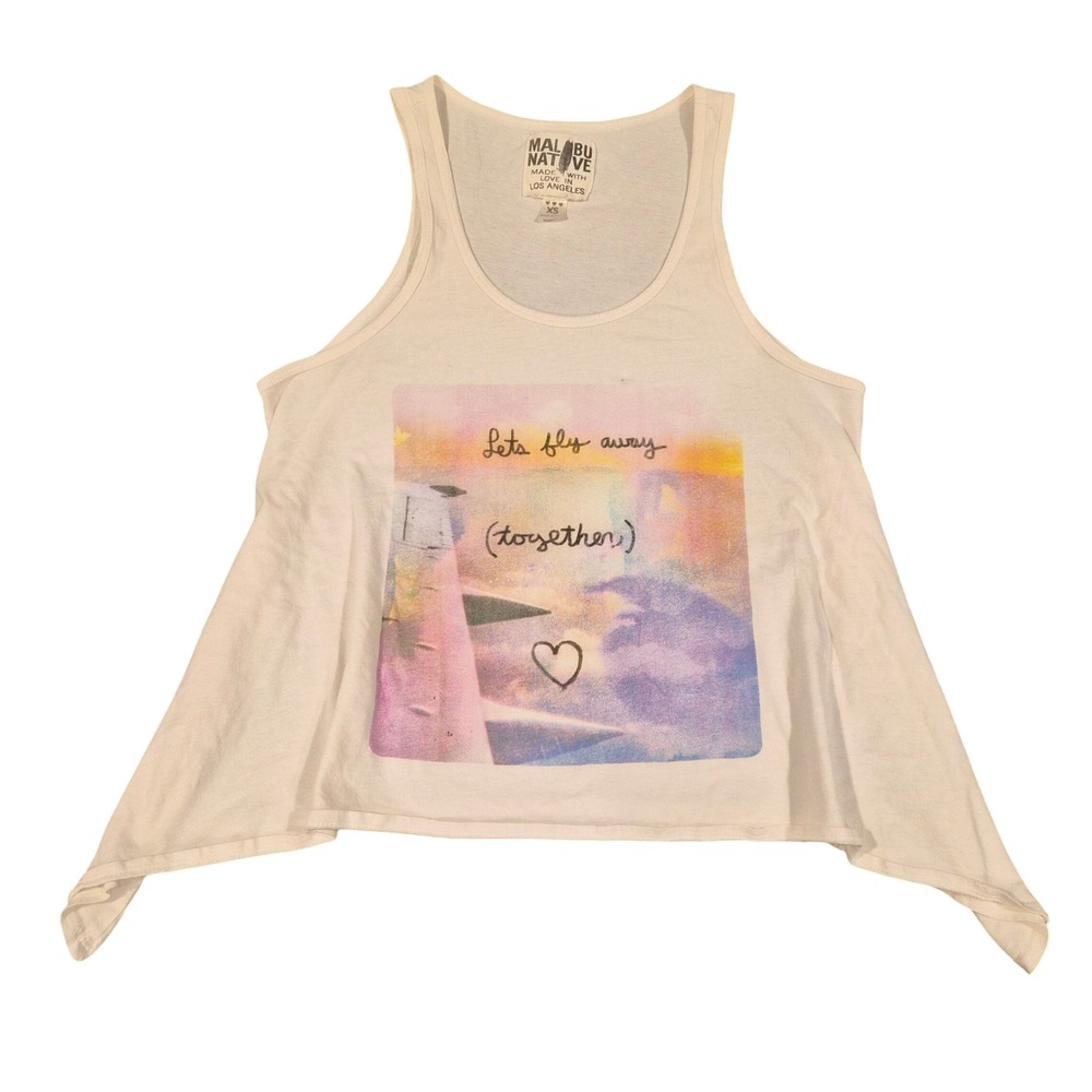 Malibu Native Lets Fly Away Together Graphic Tank Top White Handkerchief Hem XS
